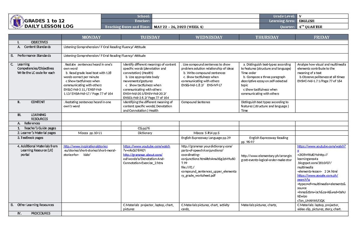 DLL English 5 Q4 W4: Daily Lesson Log for Grade 5 - Studocu