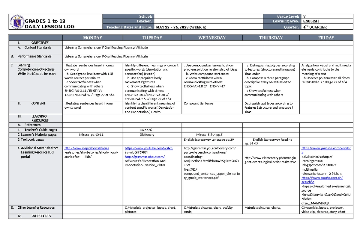 DLL ESP 6 Q1 W6: Daily Lesson Log for Grade 6 - Studocu