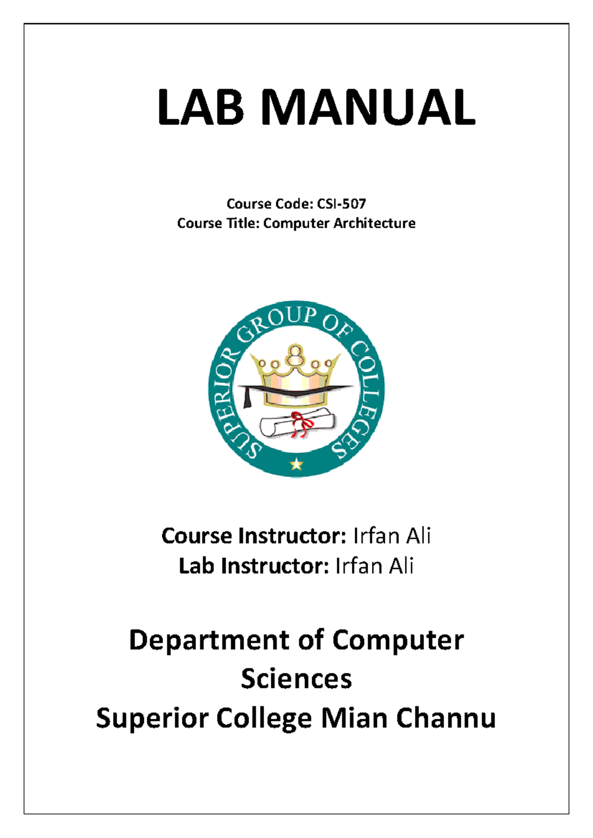 Computer Architecture Lab Manual - BSCS Experiments Guide - Studocu