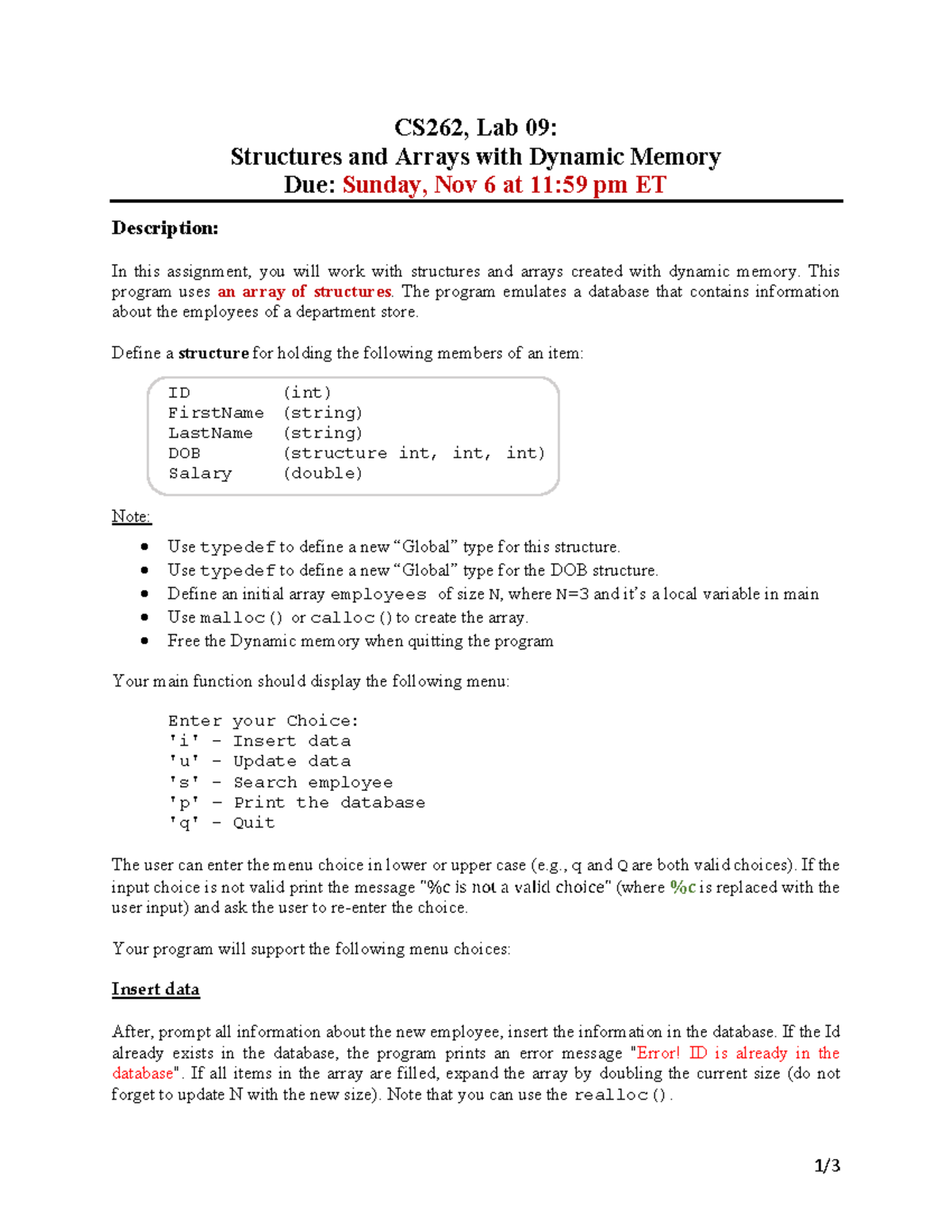 Lab09 CS262F22 - Structures & Arrays with Dynamic Memory Assignment ...