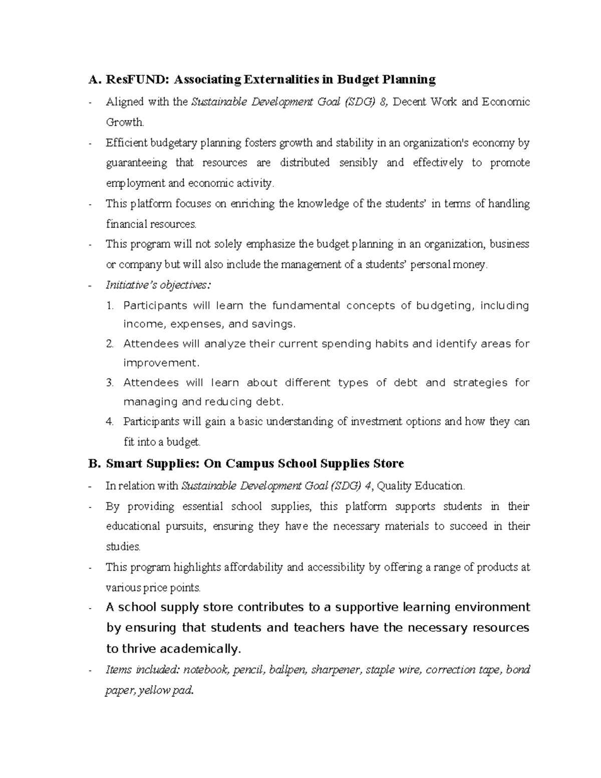 First Draft - ResFUND & Smart Supplies: Budgeting & Education Goals ...