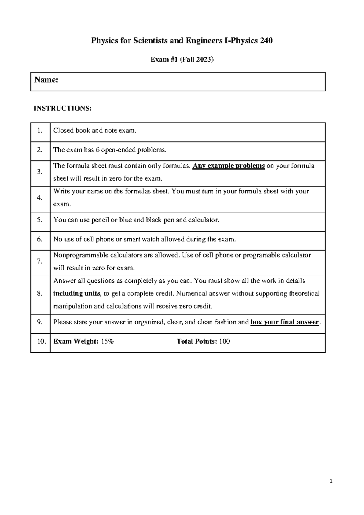 Physics 240- Exam 1 - Fall 2023 - Physics for Scientists and Engineers ...