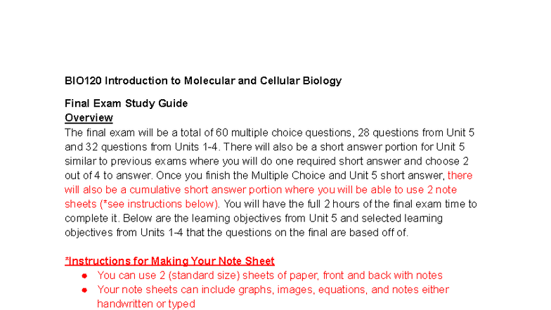 BIO120 Final Exam Study Guide: Key Concepts in Molecular Biology - Studocu