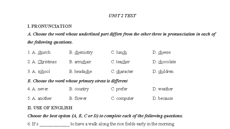 Unit 2 Test I: Pronunciation & Use of English for EGNG 101 - Studocu