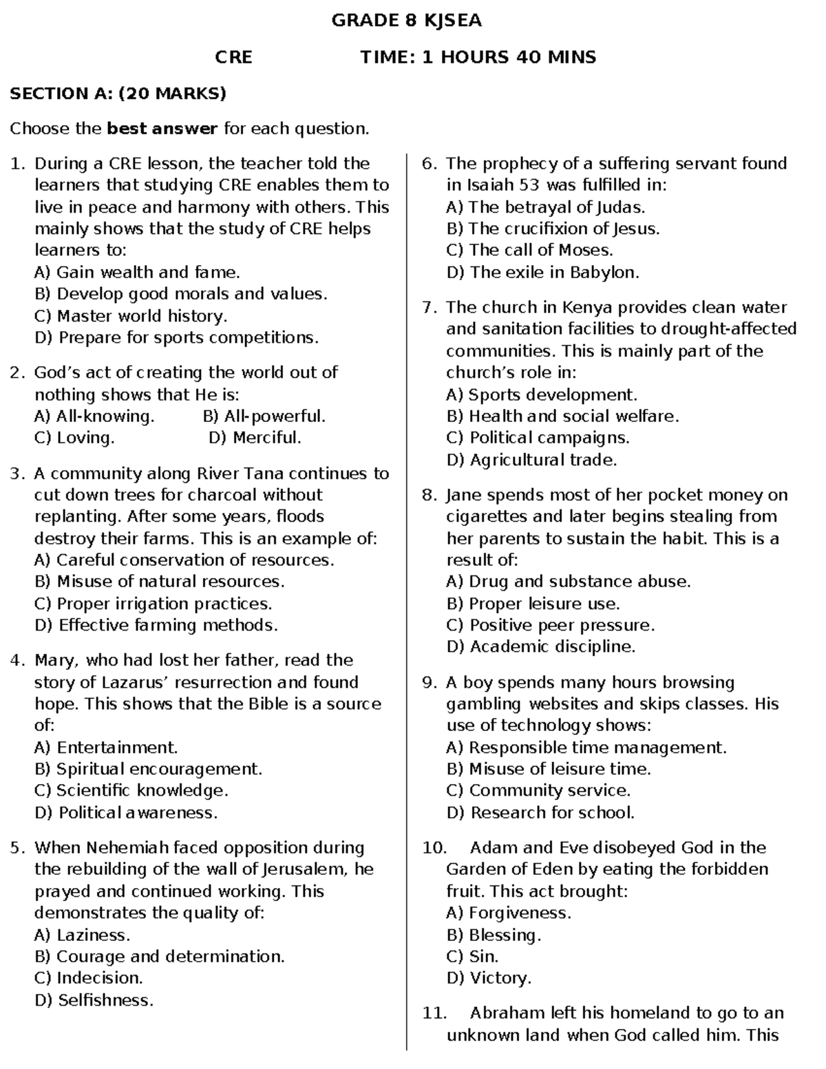 Grade 8 CRE Exam - Comprehensive Review and Practice Questions - Studocu