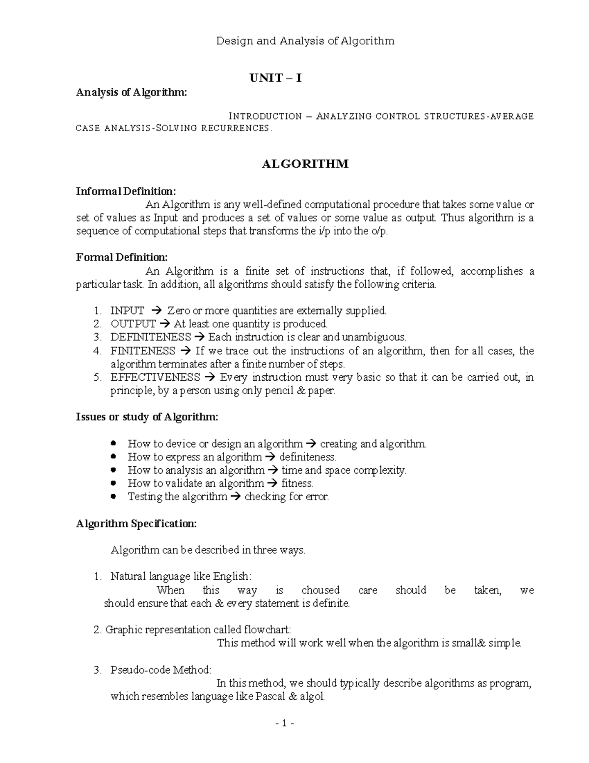 Design and Analysis of Algorithms: UNIT I Overview and Concepts - Studocu