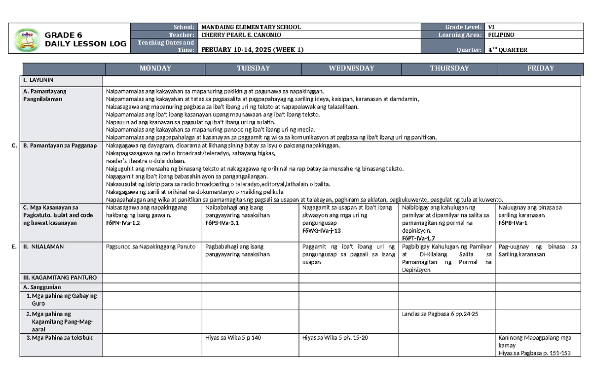 DLL Filipino 6 Q4 W1: Daily Lesson Log for February 2025 - Studocu