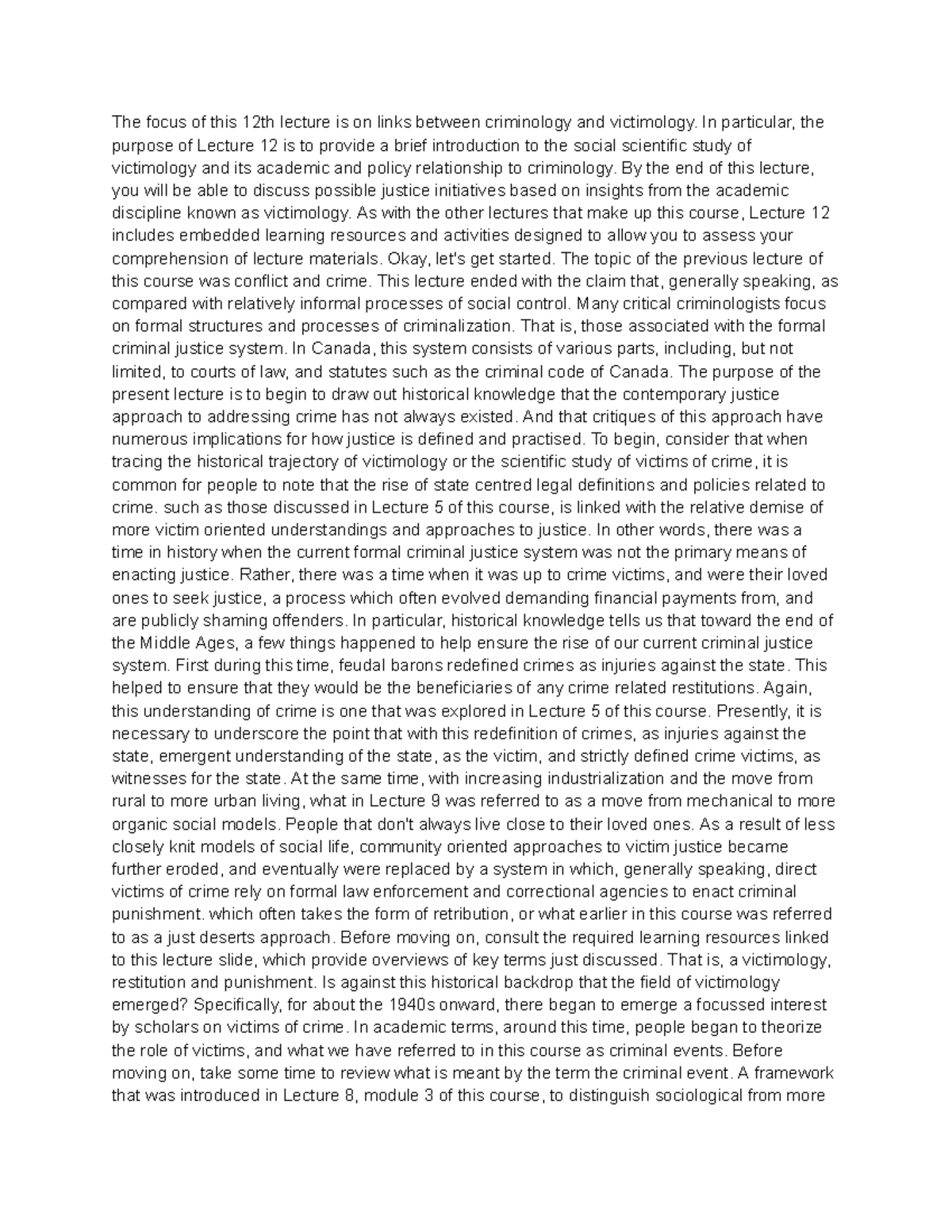 Lecture 12: Criminology and Victimology Connections in Justice - Studocu