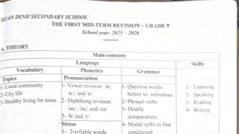 THE FIRST MID-TERM REVISION - GRADE 9 (2025-2026) - Studocu