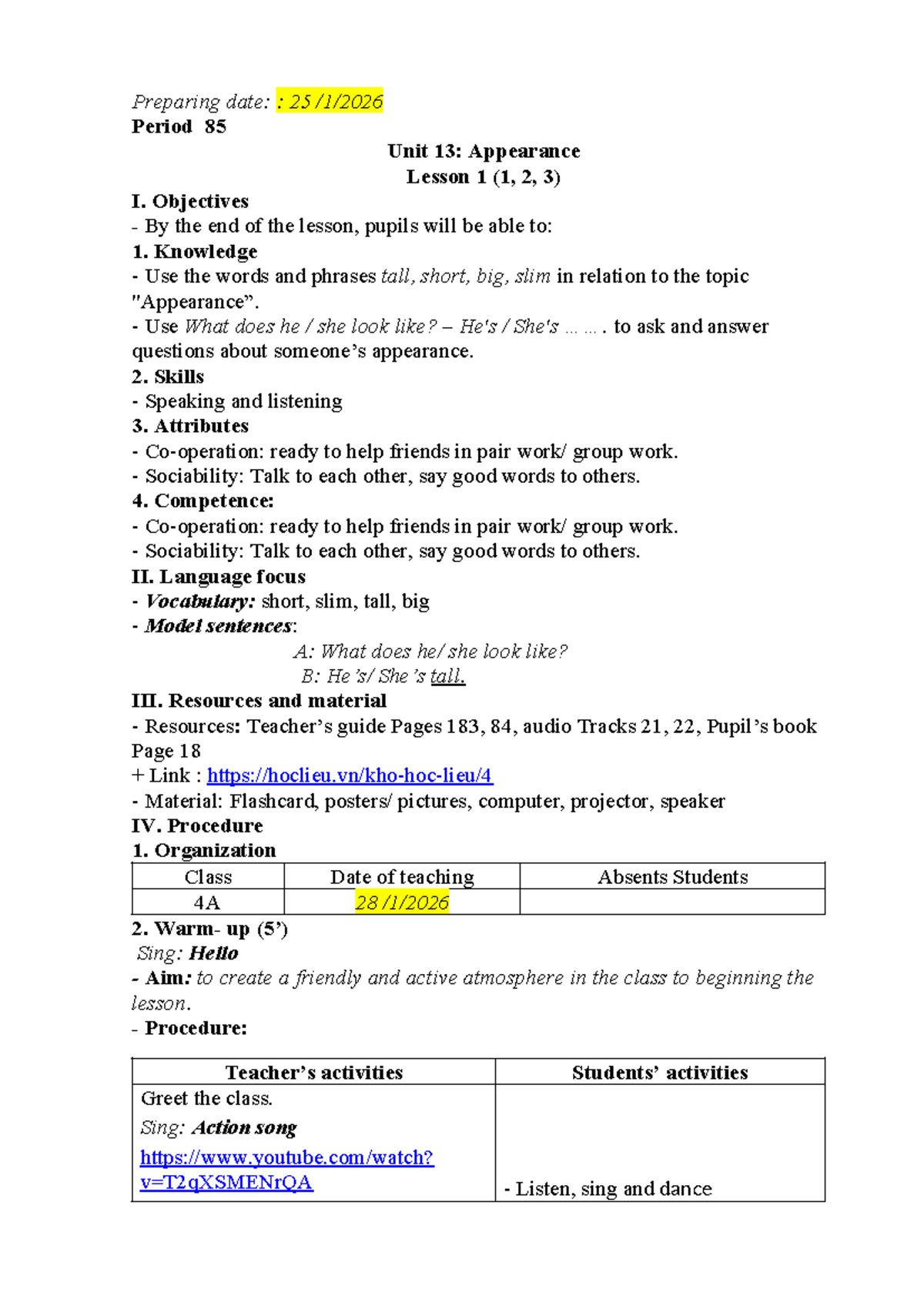 U13-L1(1,2,3) Appearance Lesson Plan and Activities - Studocu