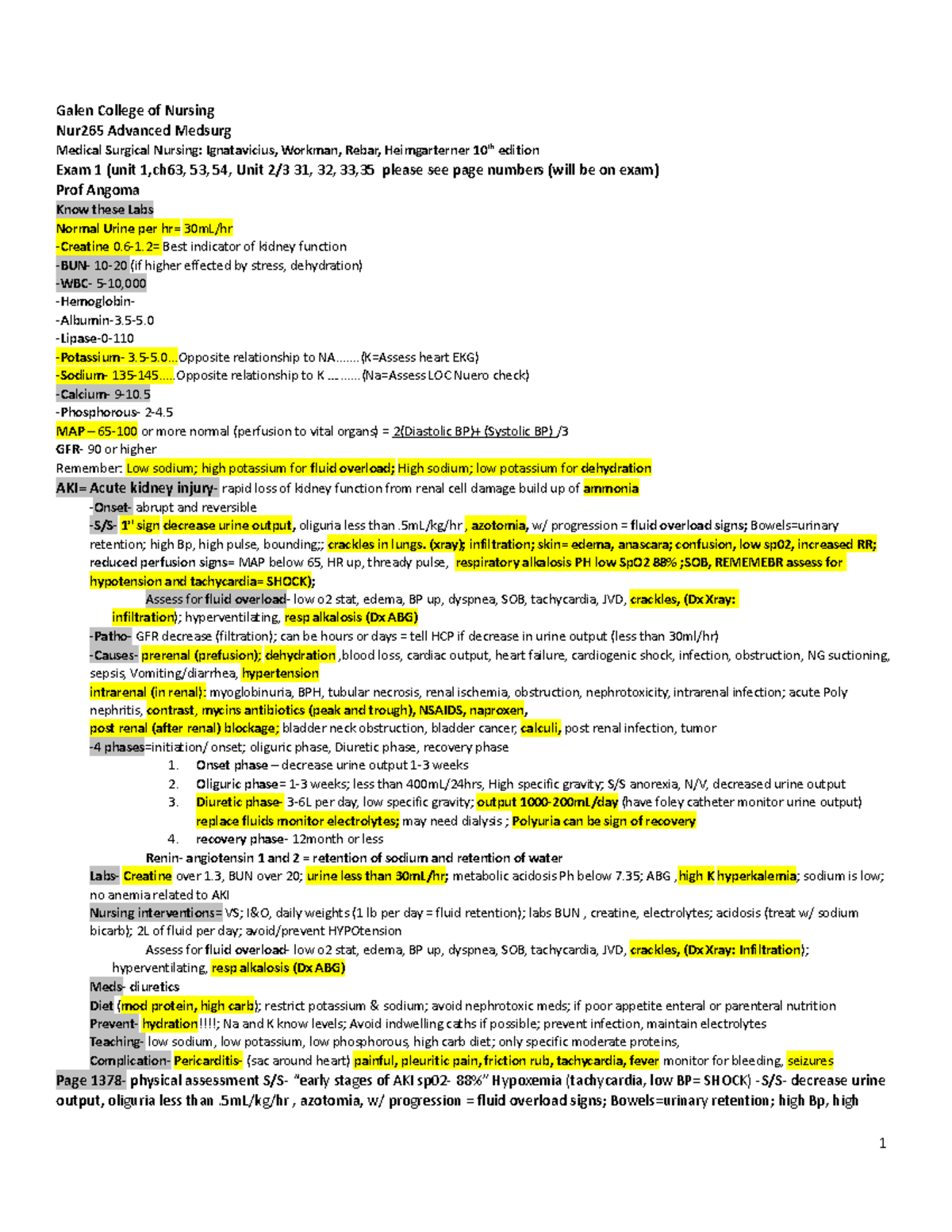 Nur265 Advanced Medsurg Exam 1 Review Notes on AKI & Fluid Management ...