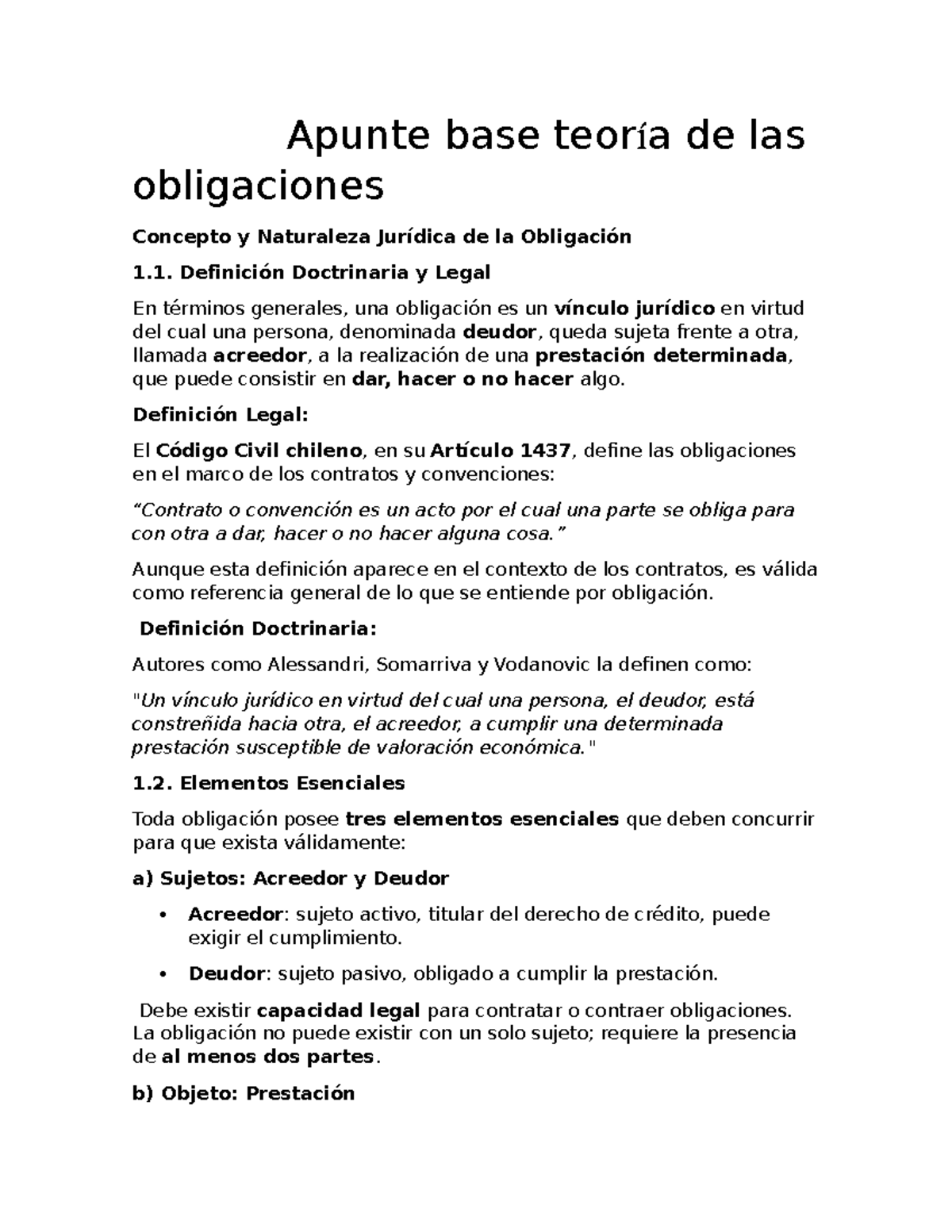 Apunte Base: Teoría de las Obligaciones - Conceptos y Elementos ...