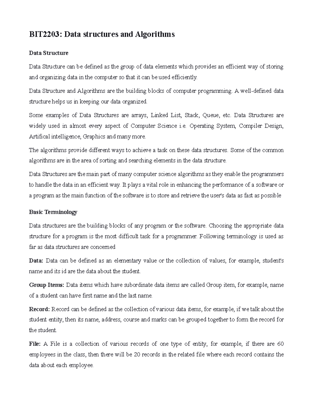 BIT2203: Comprehensive Guide to Data Structures & Algorithms - Studocu