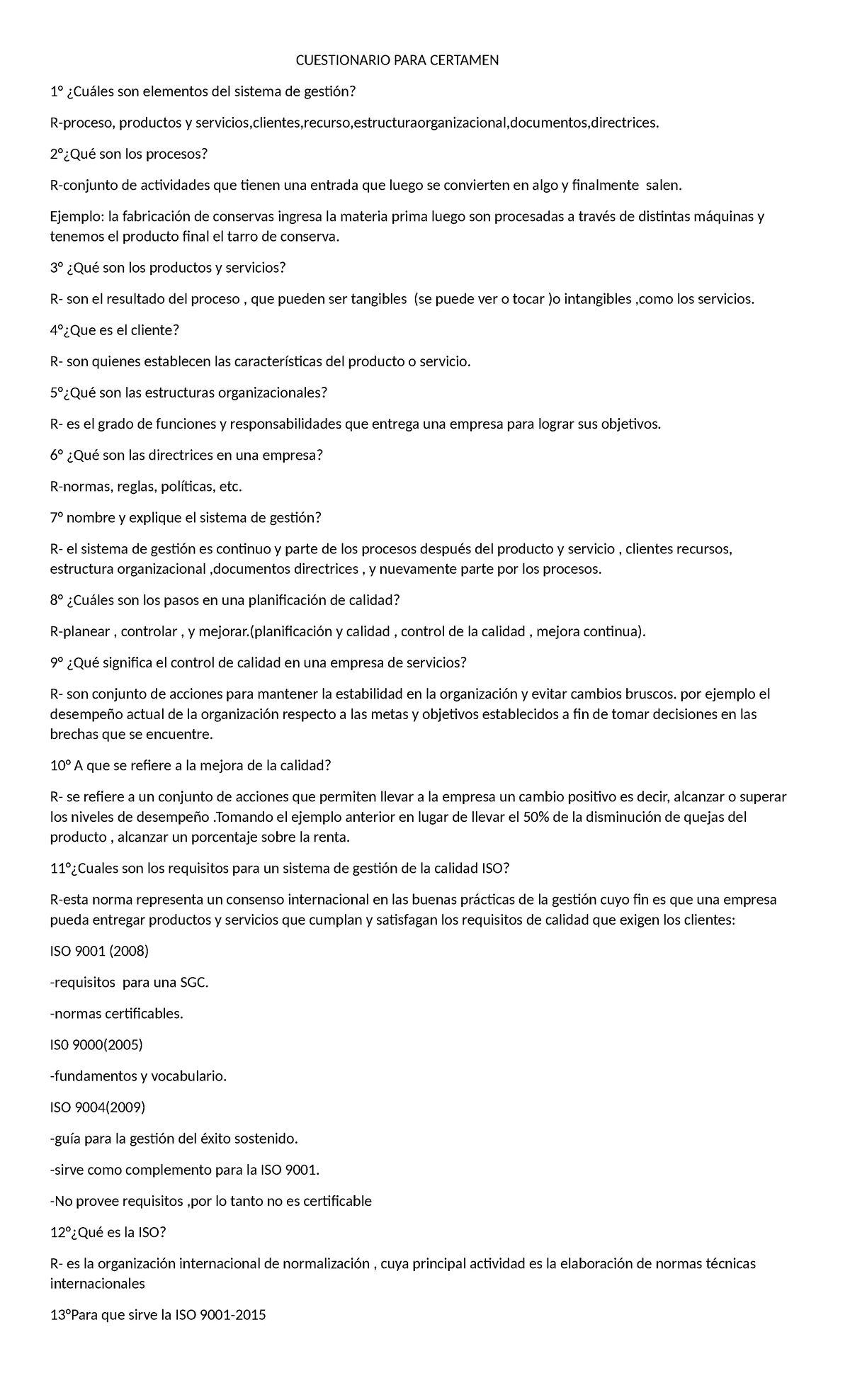 Cuestionario ISO 9001: Elementos y Procesos de Gestión de Calidad - Studocu