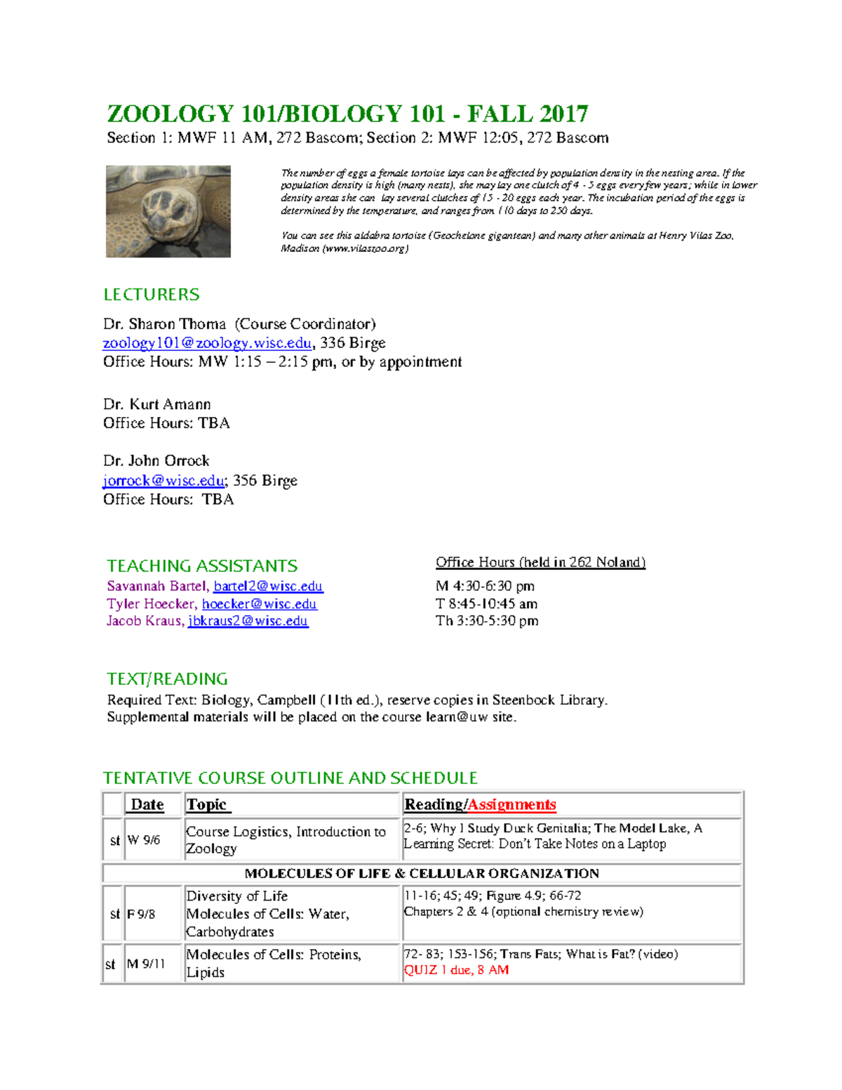 Syllabus fall 2017 - ZOOLOGY 101/BIOLOGY 101 - FALL 2017 Section 1: MWF ...