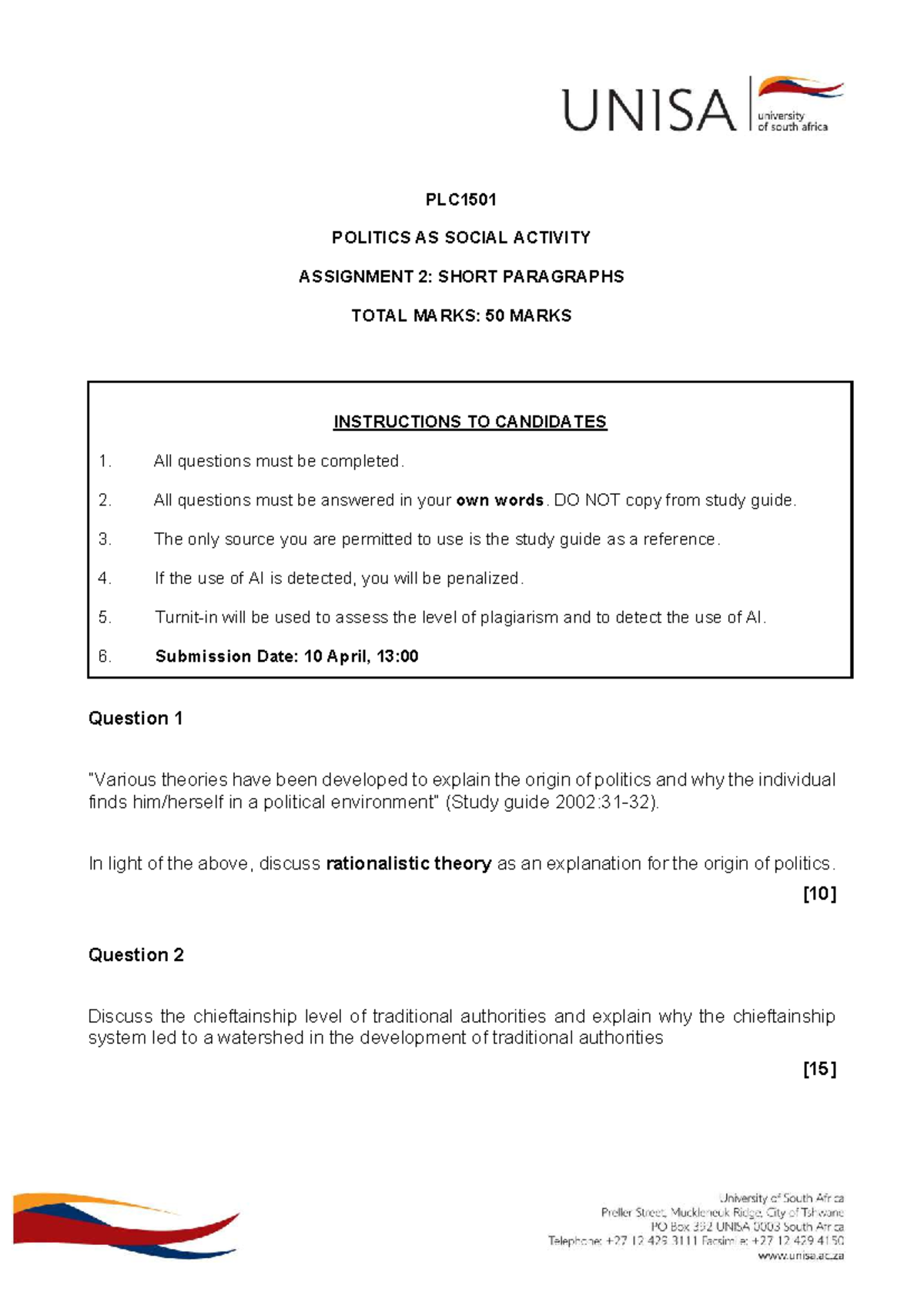 PLC1501 Politics as Social Activity: Assignment 2 Overview - Studocu