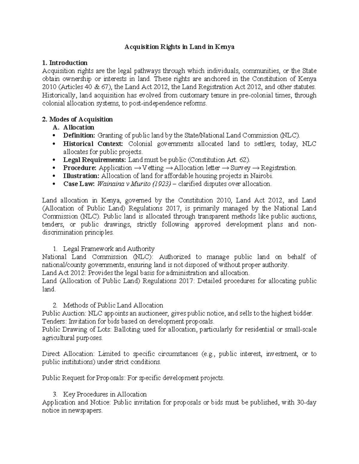 Acquisition Rights in Land in Kenya: Comprehensive Study Notes - Studocu