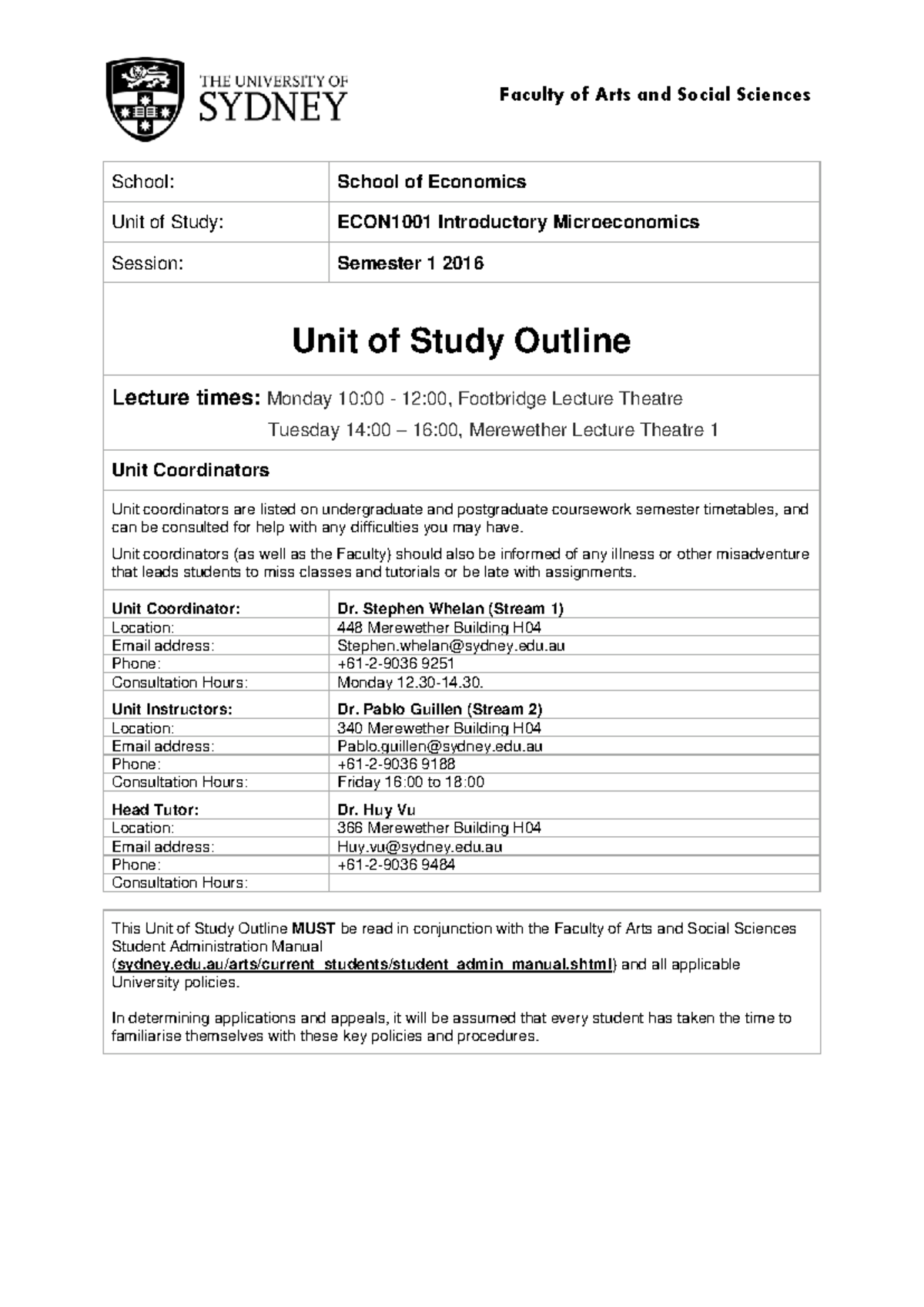ECON1001 Unit Guide: Introductory Microeconomics Overview and Structure ...