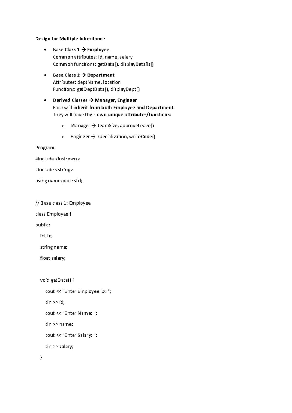Inheritance in C++: Employee & Department Classes (CS101) - Studocu