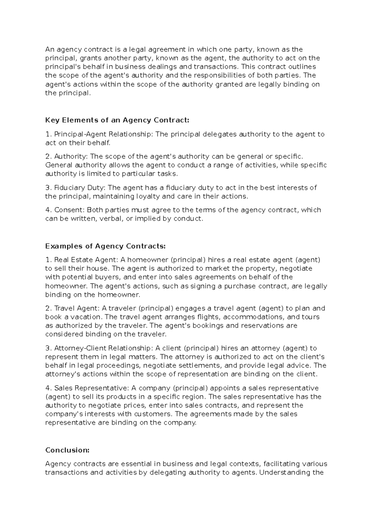 Agency Contract Overview: Key Elements and Examples Explained - Studocu