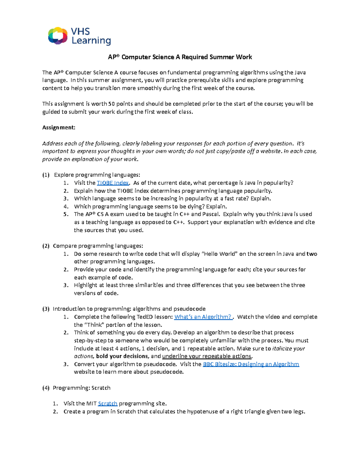 AP® Computer Science A Summer Assignment Tasks & Guidelines - Studocu