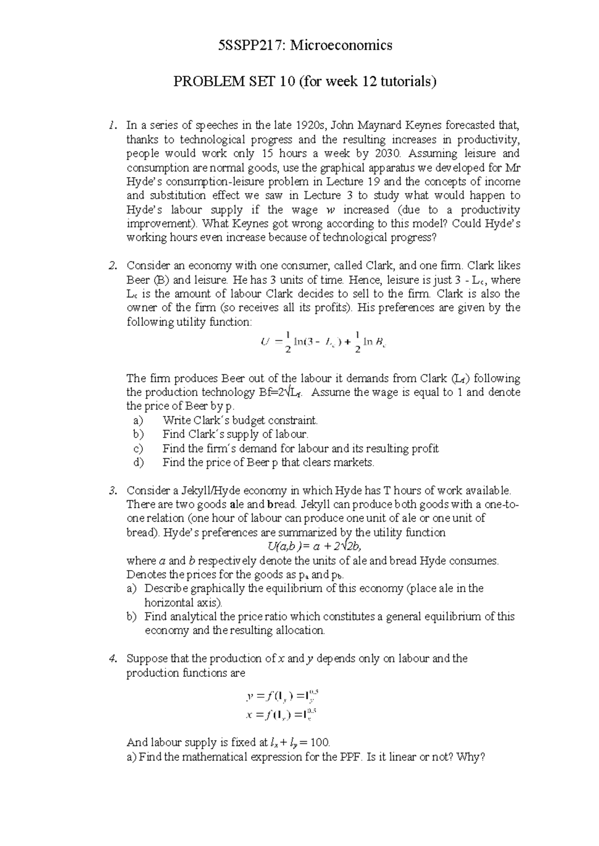 Microeconomics 5SSPP217: Problem Set 10 - In-Depth Solutions & Analysis ...