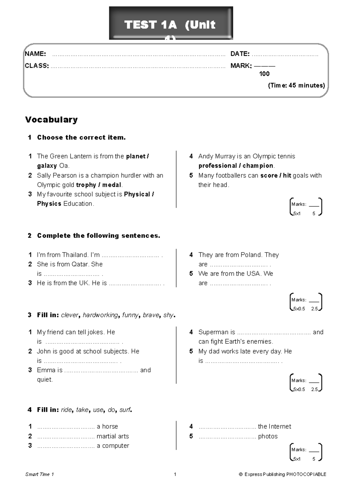 Smart Time 1 Test 1A (Module 1) Vocabulary & Grammar - Studocu