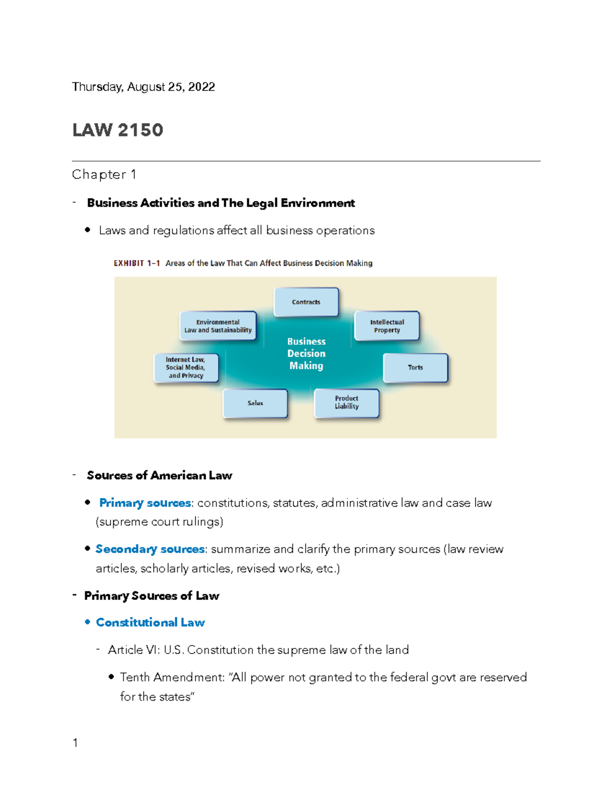 LAW 2150 - Chapter 1: Business Activities & Legal Environment - Studocu