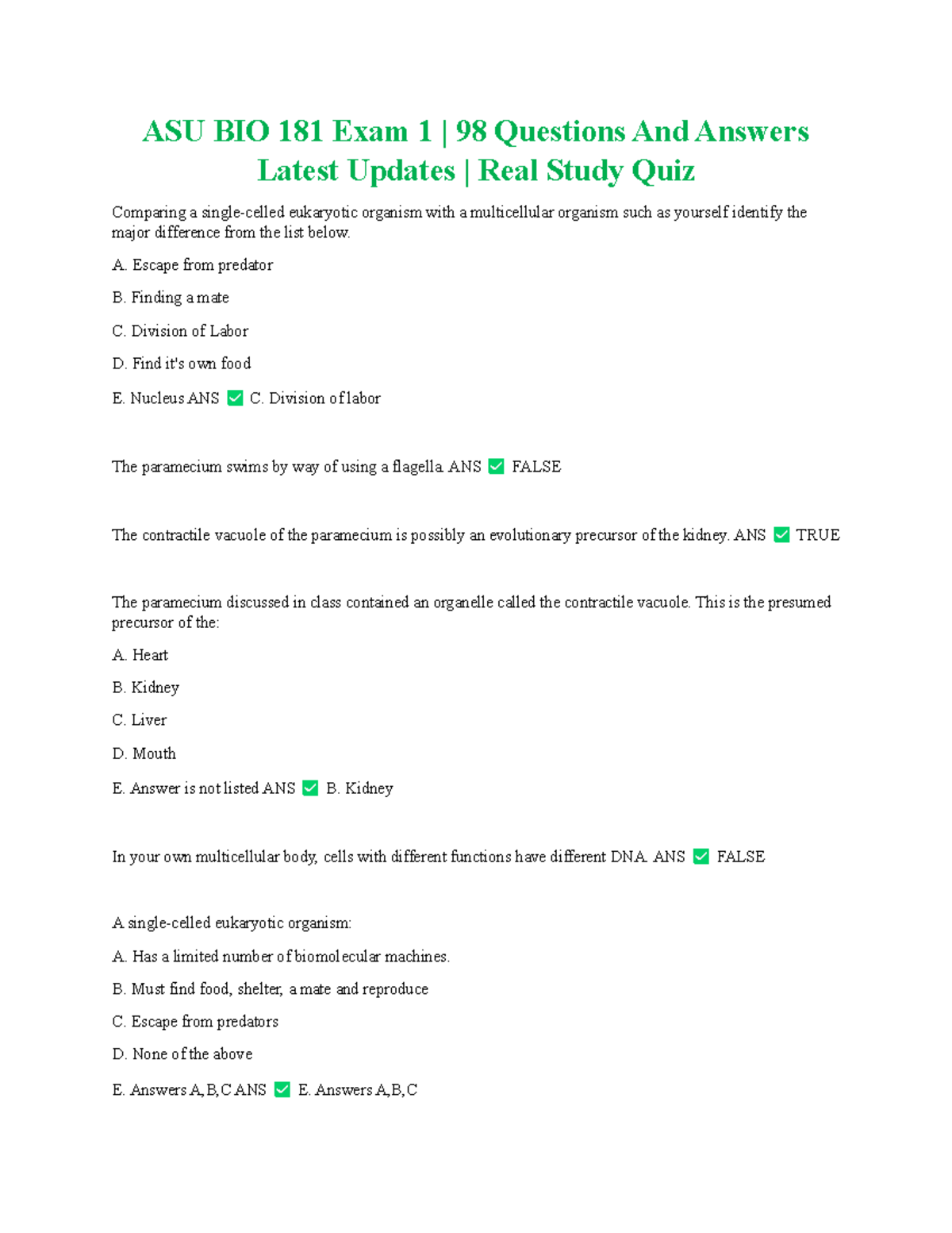 ASU BIO 181 Exam 1 - Comprehensive Q&A Study Guide - Studocu