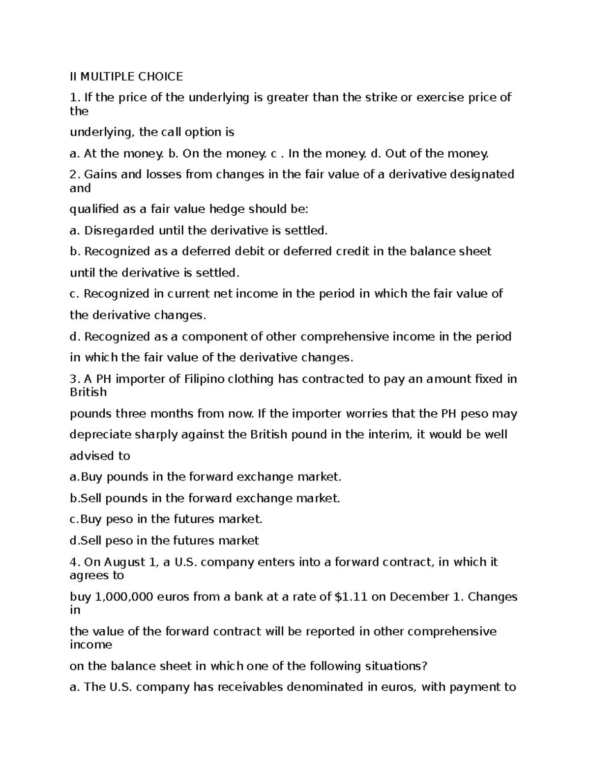 II Options Contract - Multiple Choice Questions and Answers - Studocu