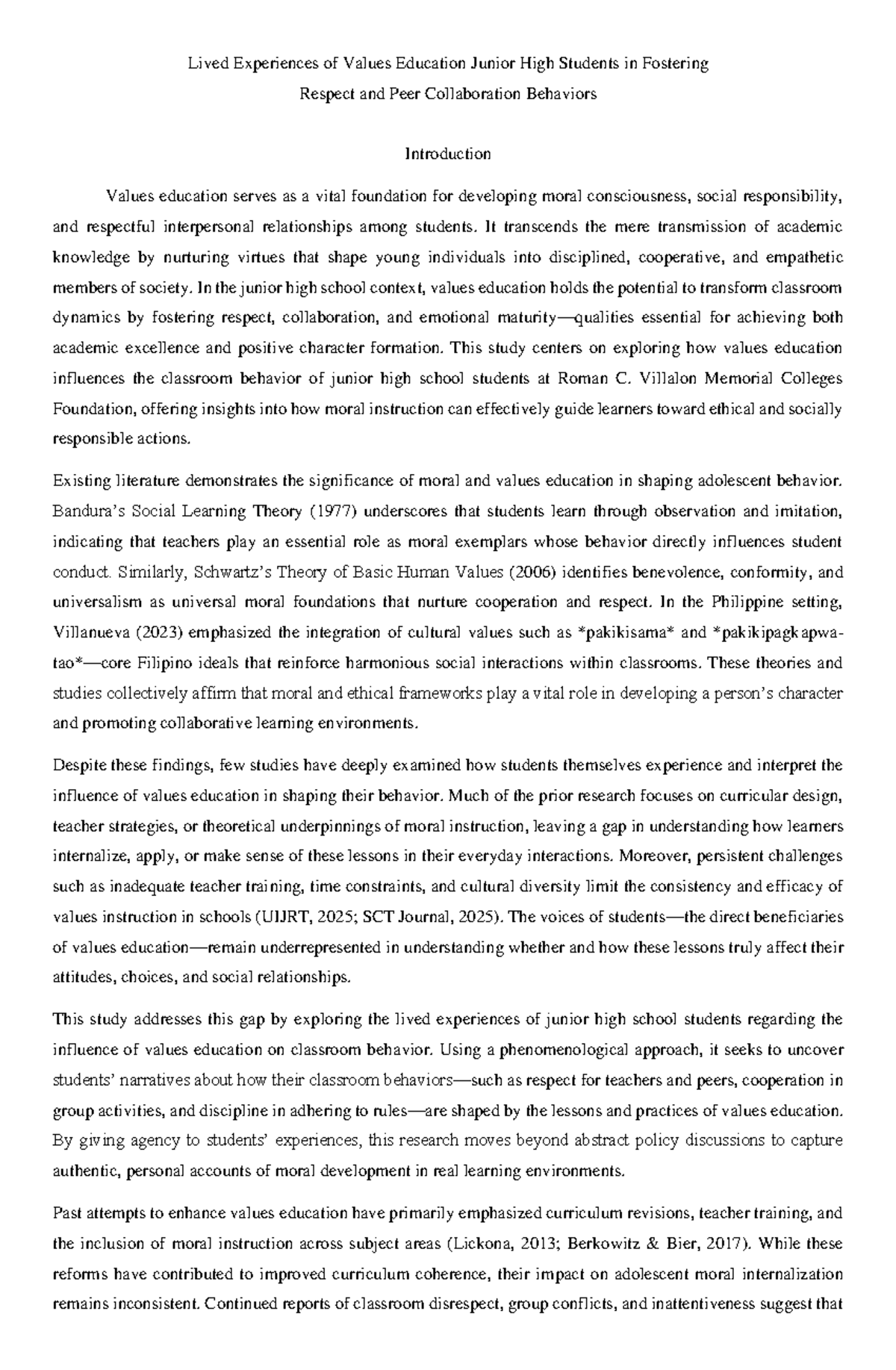 Chapter 1: Lived Experiences of Values Education in Junior High (EDU ...