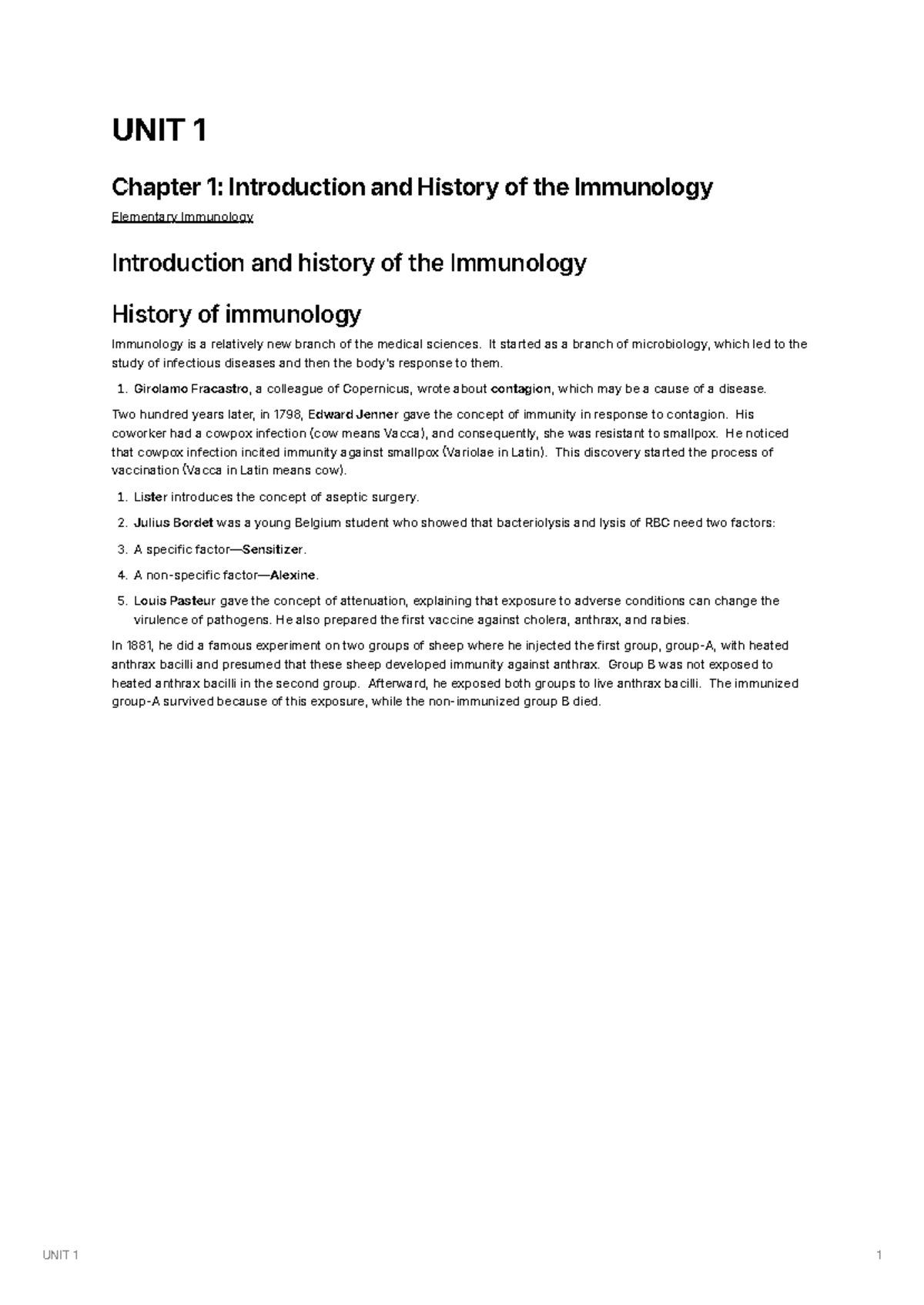 UNIT 1: Chapter 1 - Introduction to Immunology and Its History - Studocu