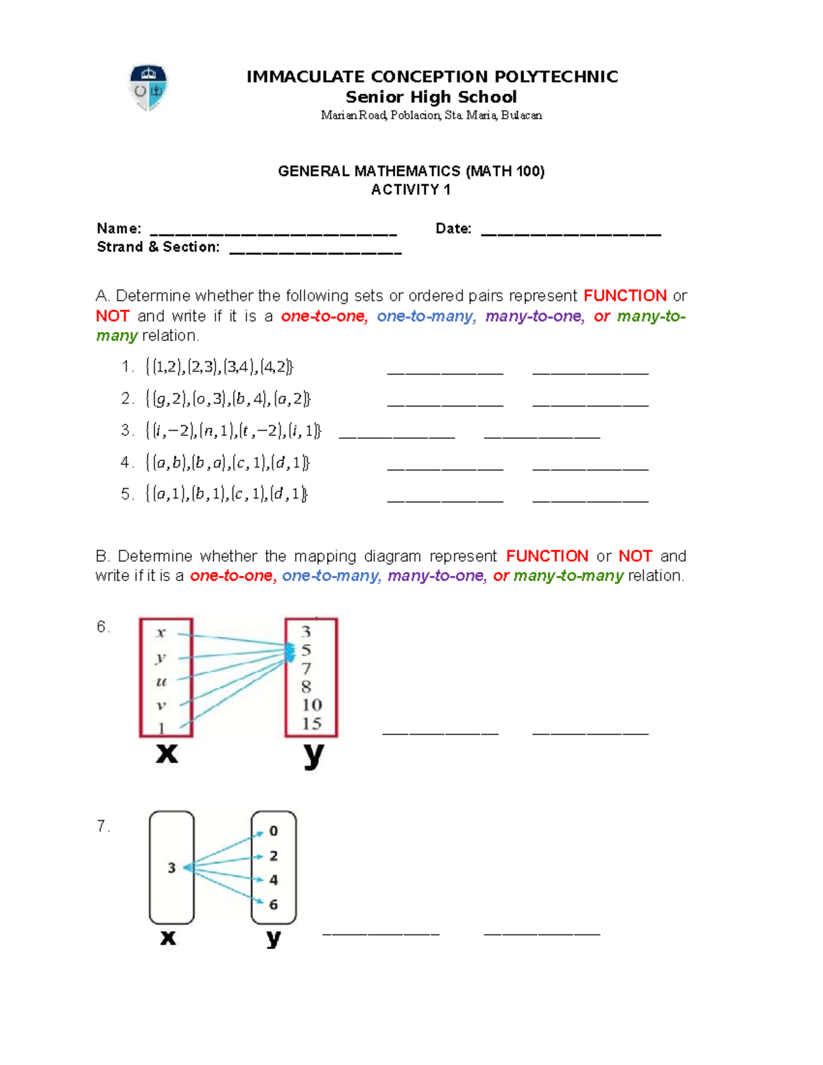 GEN MATH (MATH 100) Activity 1: Functions and Relations Analysis - Studocu
