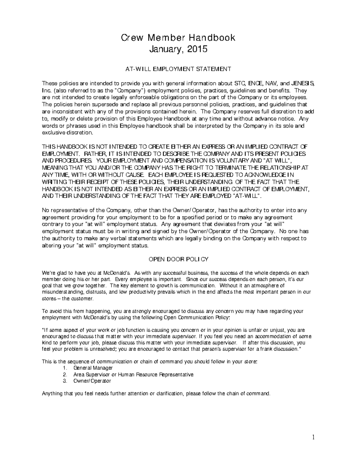 Crew Member Handbook - Employment Policies and Guidelines - Studocu