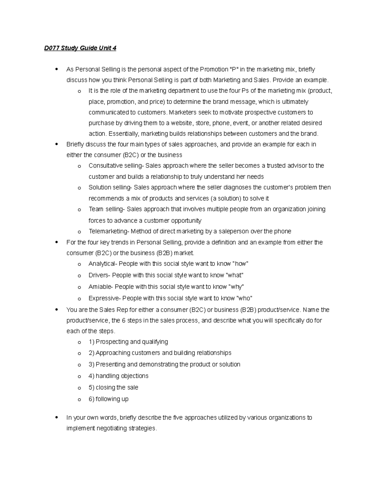 D077 Unit 4 Study Guide: Personal Selling & Sales Approaches - Studocu