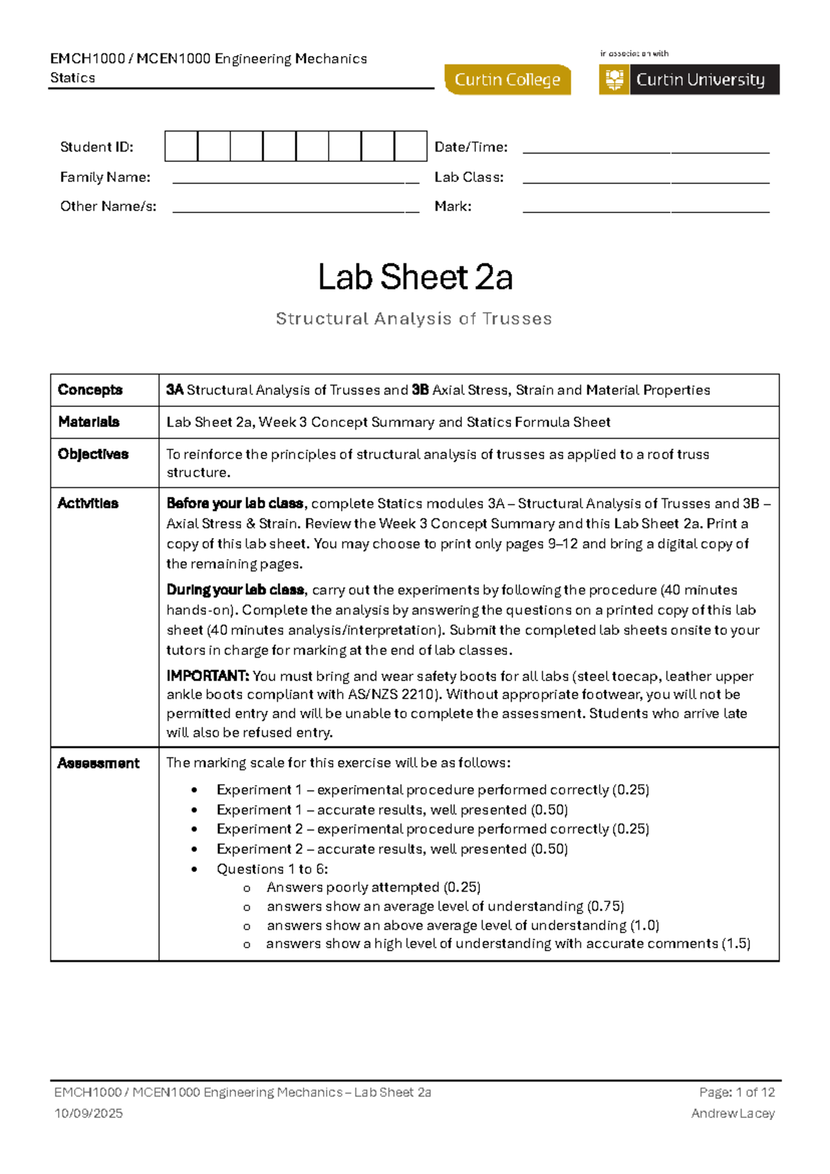 Engineering Mechanics Statics Lab Sheet 2a: Structural Analysis of ...