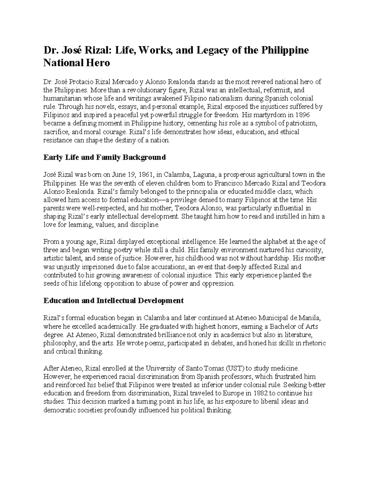 Dr. José Rizal: Lecture Notes on His Life and Legacy - Studocu