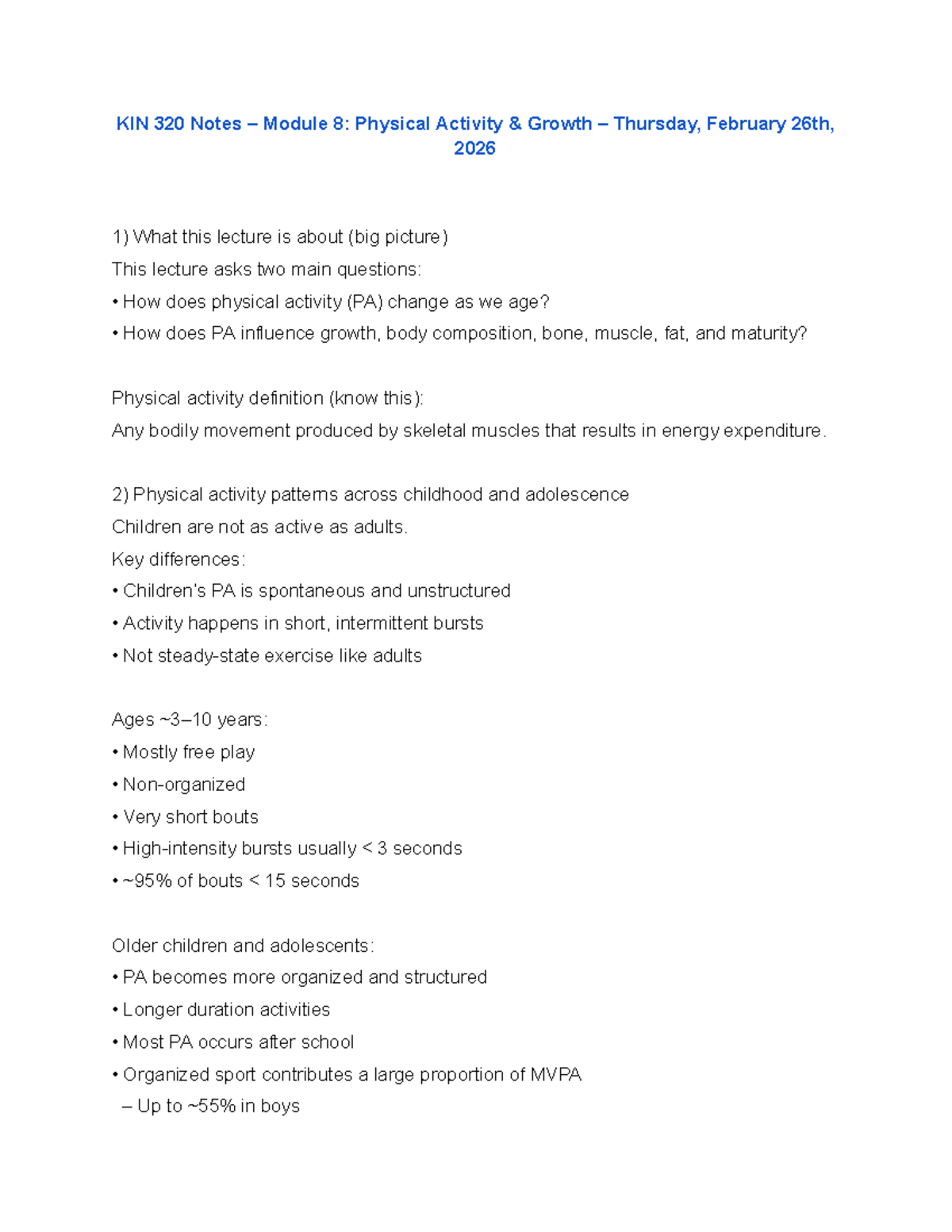 KIN 320 Notes: Module 8 - Physical Activity and Growth Insights - Studocu