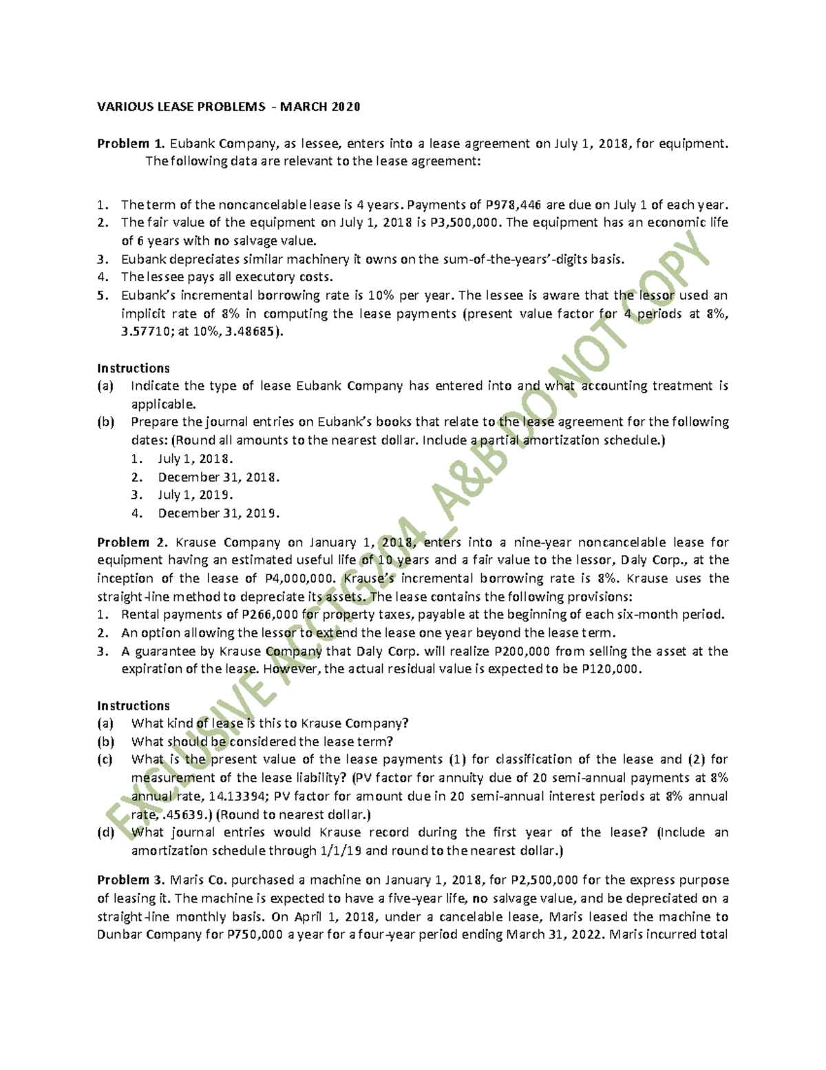 Various- Lease- Problems - VARIOUS LEASE PROBLEMS - MARCH 2020 Problem ...