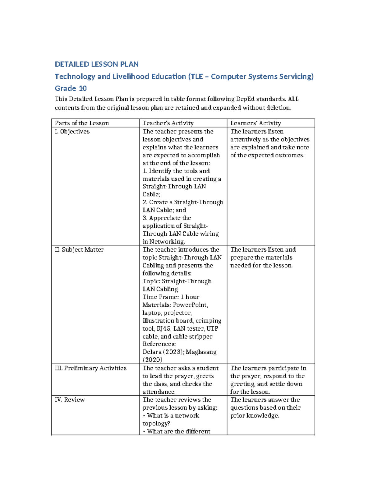 Detailed Lesson Plan: TLE Computer Systems Servicing (Grade 10) - LAN ...