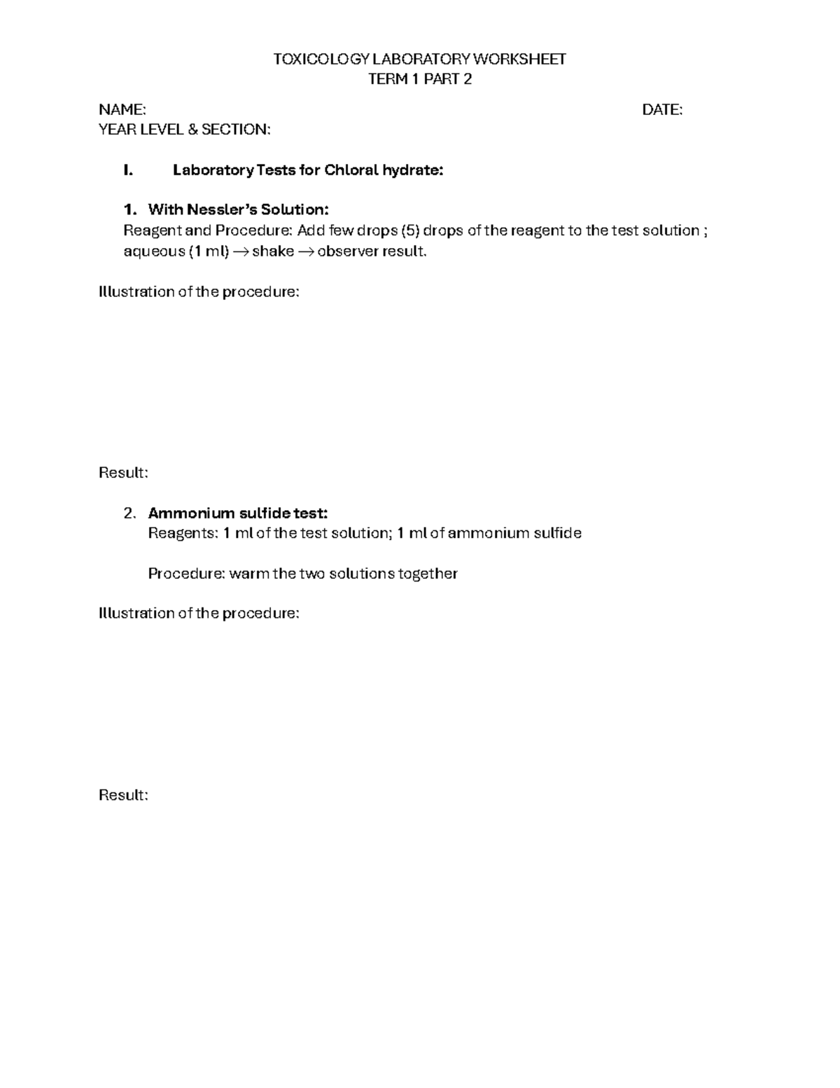 Toxicology LAB Worksheet PART 2 - TERM 1 PART 2 NAME: DATE: YEAR LEVEL ...