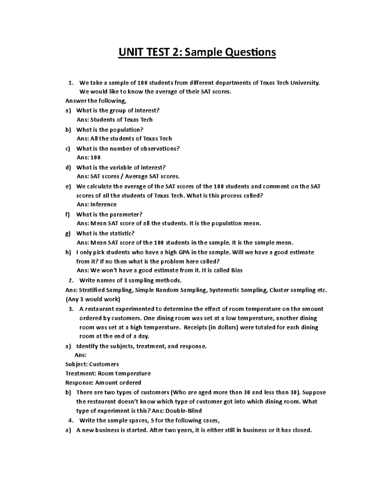 UNIT TEST 2: SAT Scores & Sampling Methods Analysis - Studocu