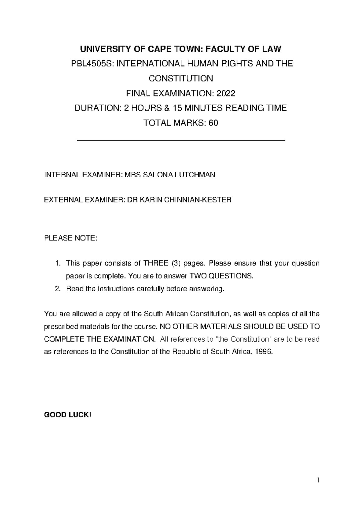 PBL4505S - International Human Rights & Constitution Final Exam 2022 ...