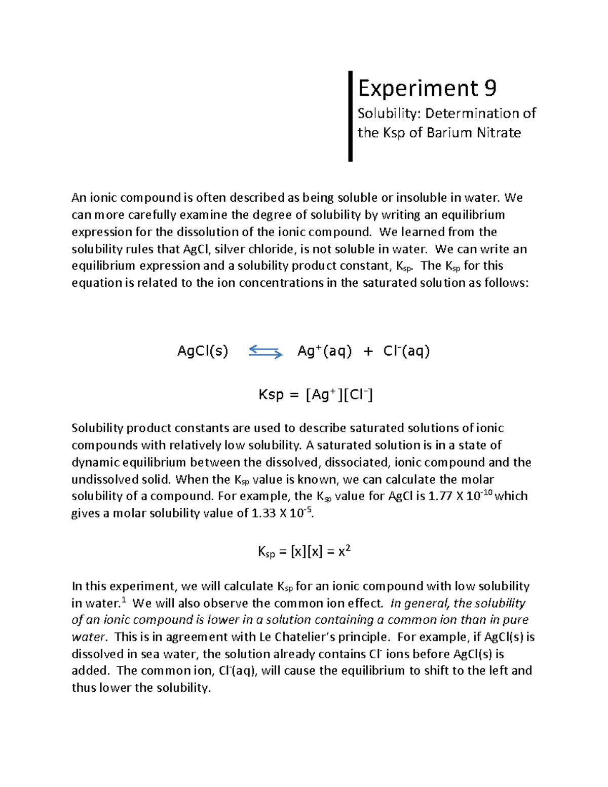 Ksp Determination of Barium Nitrate: Experiment Procedure - Studocu