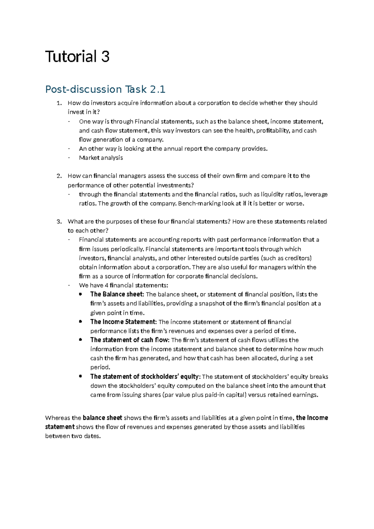 Tutorial 3: Understanding Financial Statements and Ratios - Studeersnel