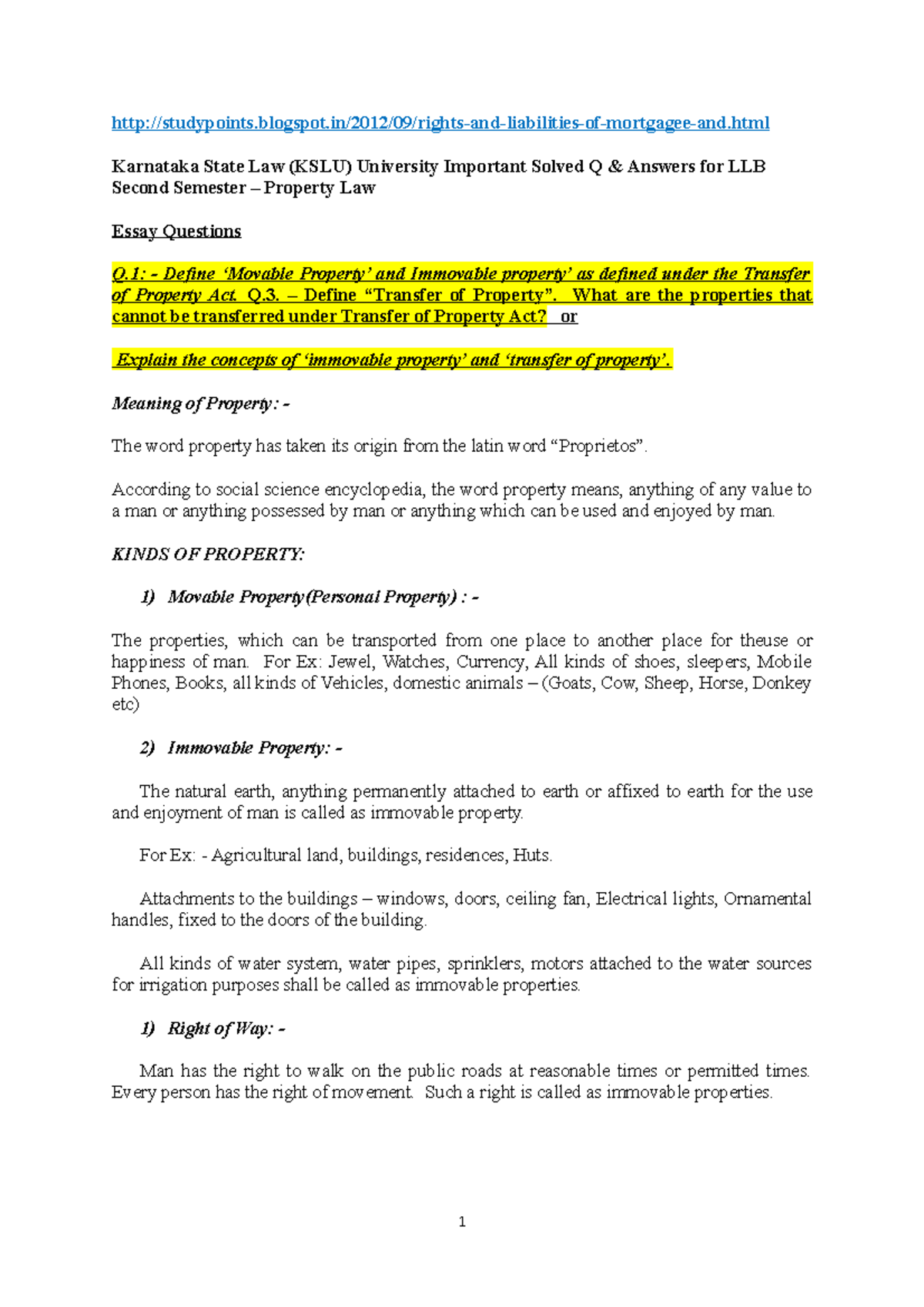 KSLU LLB 2nd Sem Property Law: Essential Q&A Notes for Students - Document Preview
