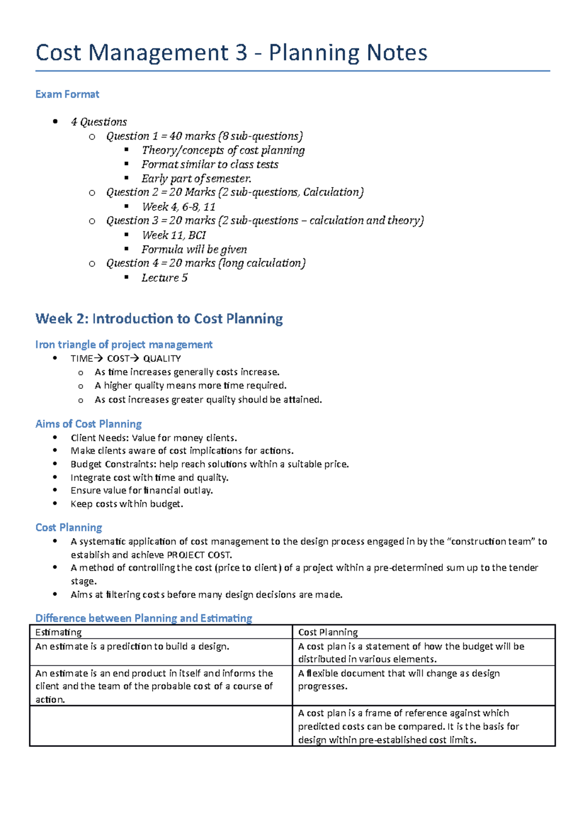 Cost Management 3: Comprehensive Exam Notes & Planning Strategies - Studocu