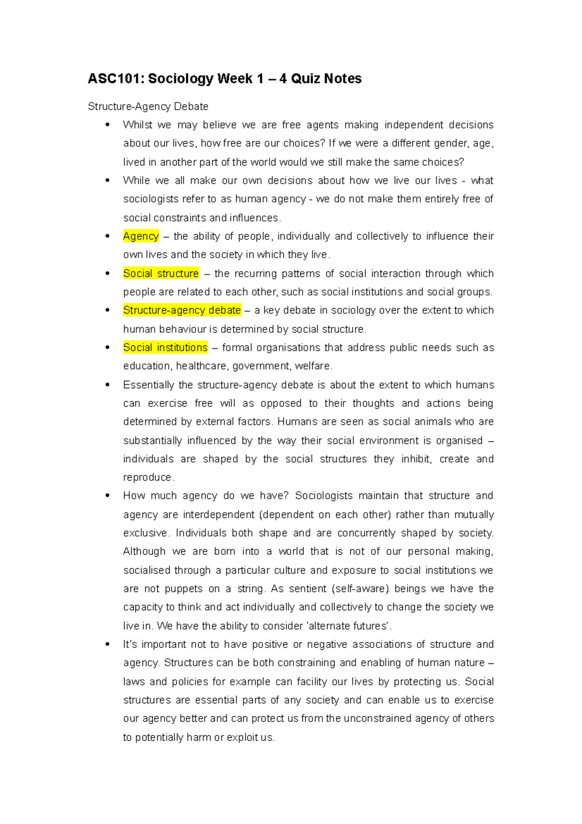 ASC101 Quiz Notes - ASC101: Sociology Week 1 – 4 Quiz Notes Structure ...