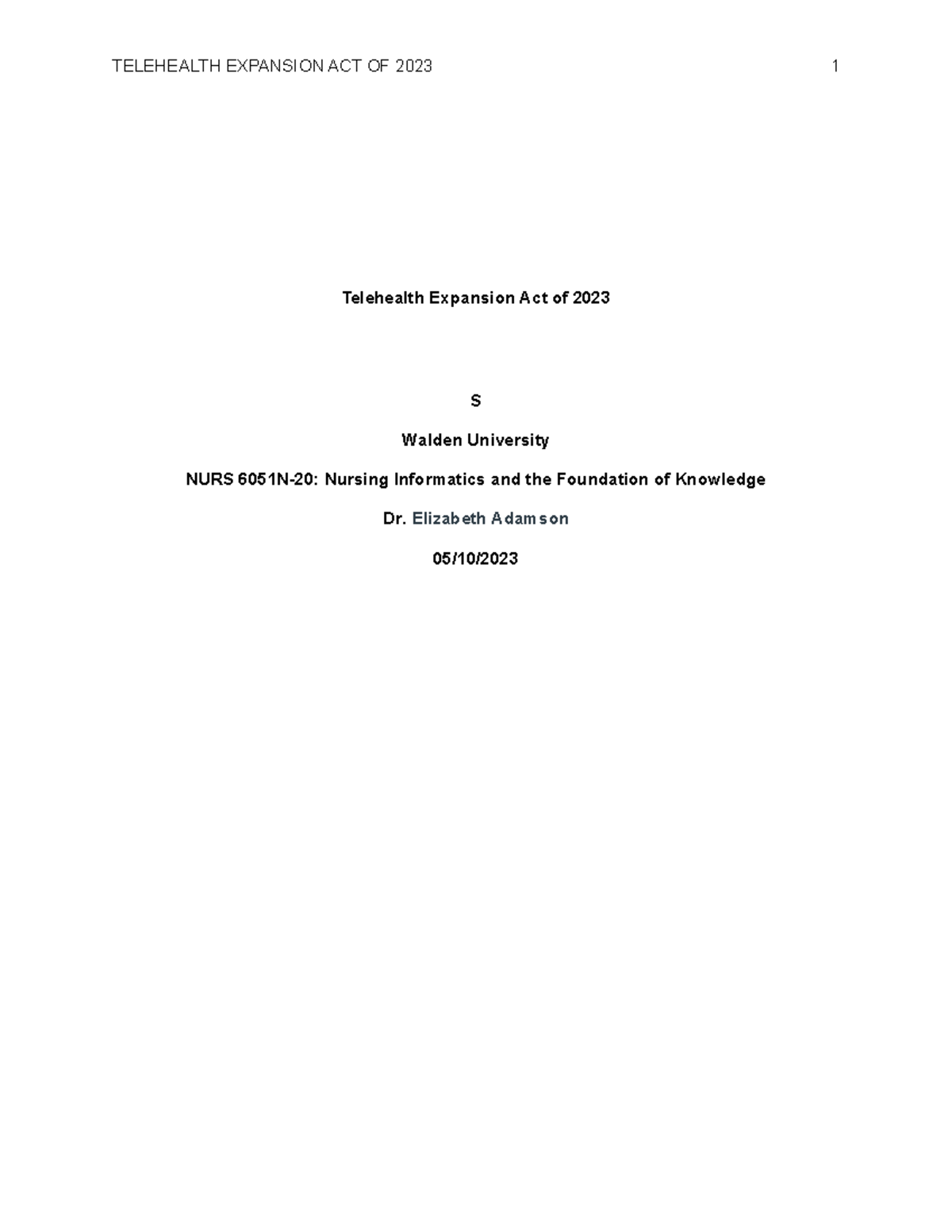Telehealth Expansion Act of 2023 - NURS 6051 Assignment Overview - Studocu