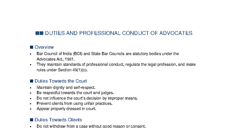DUTIES & PROFESSIONAL CONDUCT OF ADVOCATES: Overview & Guidelines - Studocu